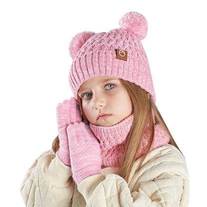 New Children Hats Scarf Gloves Set Cute Bear Colorful Knitted Hat Plus Velvet Warm Hoods Caps for Girls Baby Outdoor Accessories