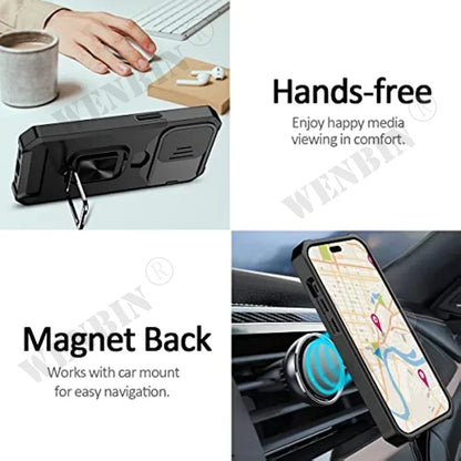 Case For iPhone 16 15 14 13 12 Pro Max Plus 8 7 Plus Mini SE Heavy Duty Protection With Sliding Camera Cover And Card Clip Cover