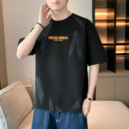 2025 Summer New Men's Short Sleeve T-Shirt Hong Kong Style Loose Fit Versatile Ice Silk Thin Clothing Youth Trendy