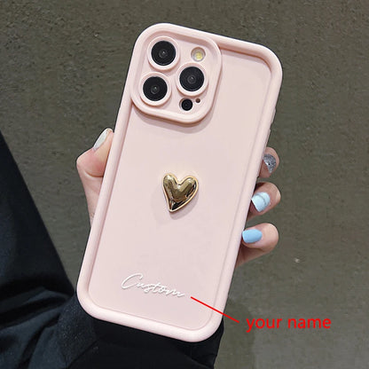 3D Gold Love Heart Personalized Custom Name Case For iPhone 16 15 14 13 12 11 Pro Max X XS XR 7 8 Plus Silicone Candy DIY Cover