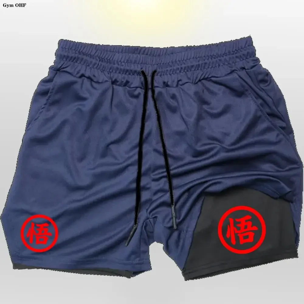 Goku Anime Running Shorts Men Fitness Gym Training 2 in 1 Sports Shorts Quick Dry Workout Jogging Double Deck Shorts
