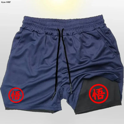 Goku Anime Running Shorts Men Fitness Gym Training 2 in 1 Sports Shorts Quick Dry Workout Jogging Double Deck Shorts