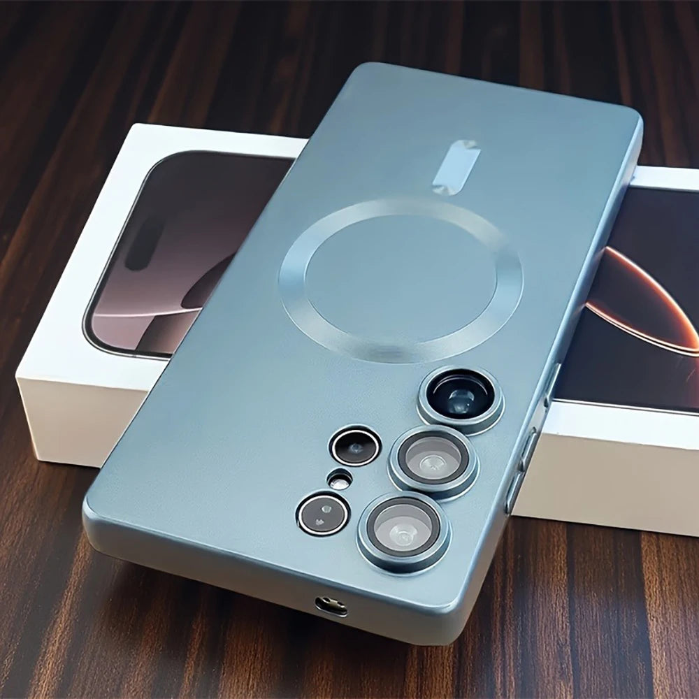 Smartphone with a blue case on a wooden surface