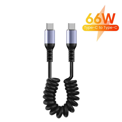 20CM To 1M Car Spring Cable 66W Short Fast Charging Wire Type C TO Type C Cable For iPhone 15 Huawei Xiaomi Samsung USB C Cable