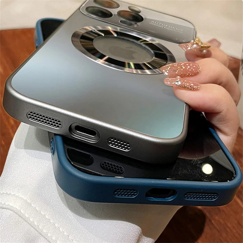 Luxury Laser Matte Tempered Film Camera Protection Magnetic Case for iPhone 16 15 12 13 14 Pro Max Plus for Magsafe Charge Cover