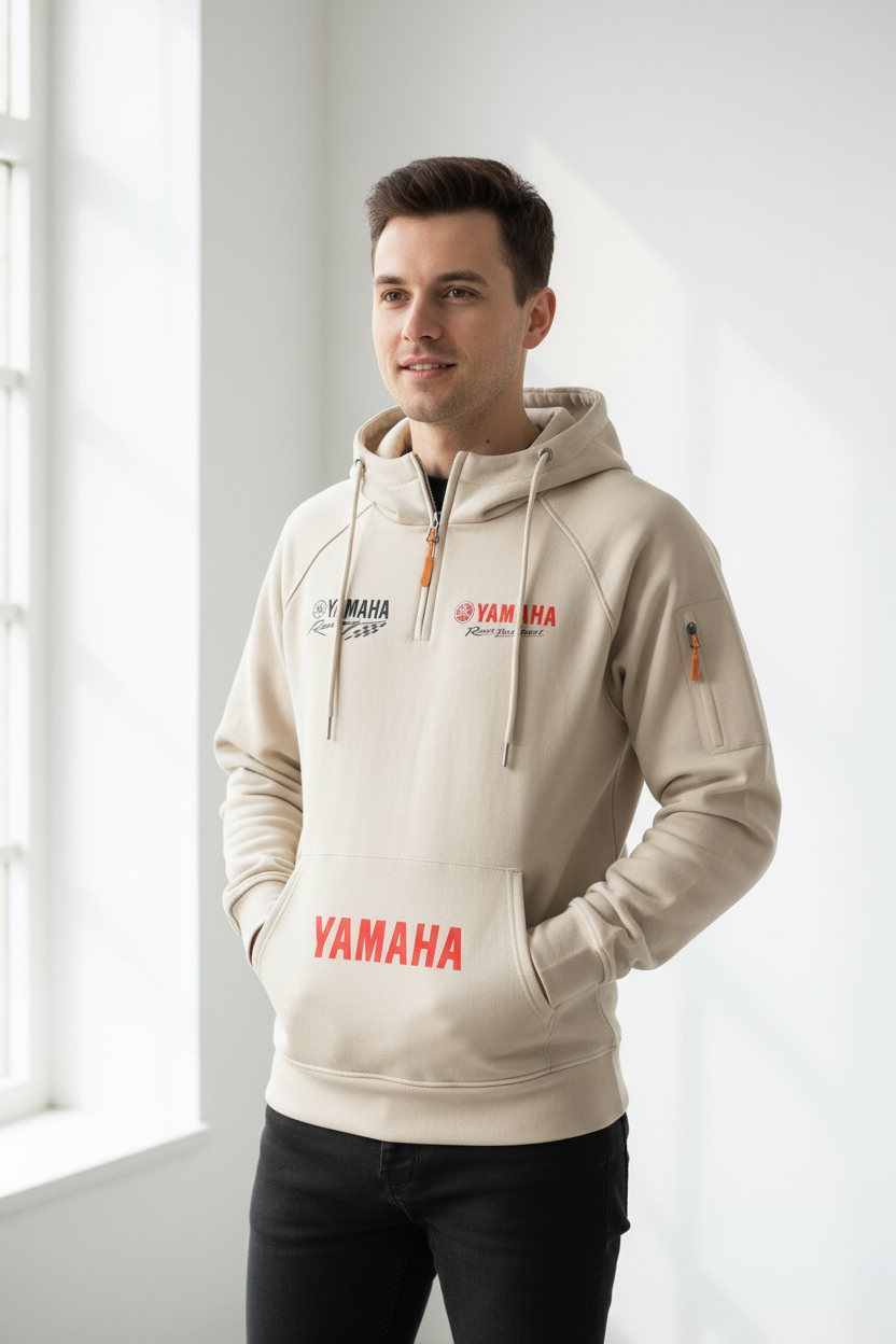 A man wearing a light beige Yamaha hoodie with red and black logo details, paired with black pants, standing in a bright, modern room with a window.