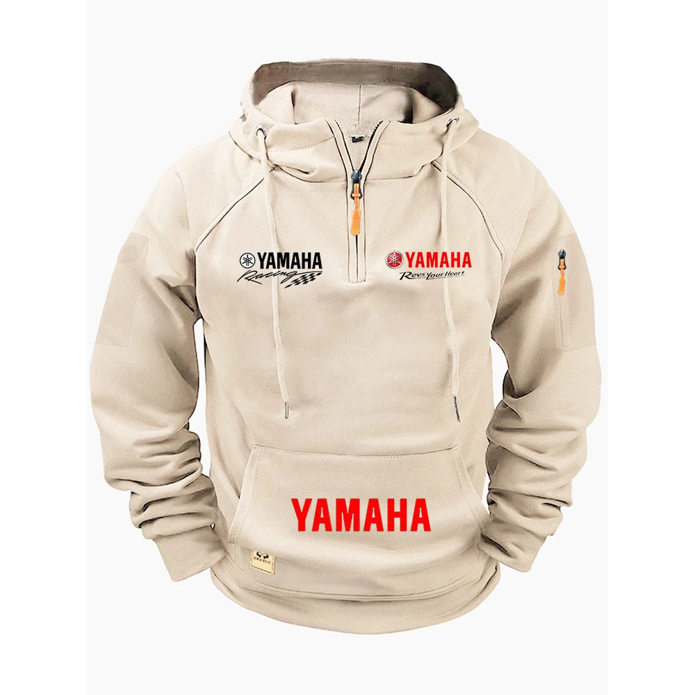 Beige hoodie with Yamaha logos on a white background