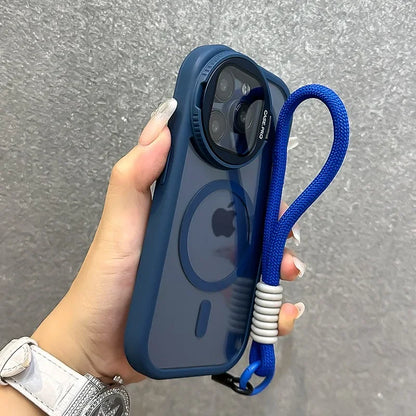 16 ProMax Flip Lens Bracket Magsafe Case for iPhone 16 15 14 13 12 11 Pro Max 16 Plus Fashion Nylon Lanyard Clear Magnetic Cover