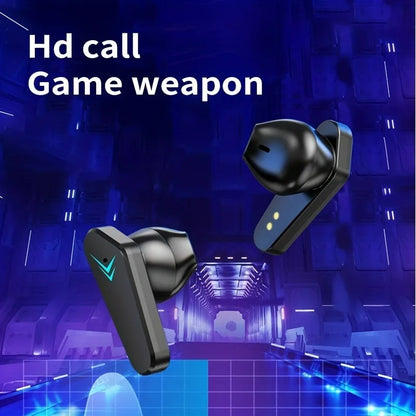 Black wireless earbuds with a futuristic sci-fi background, labeled 'Hd call Game weapon'.