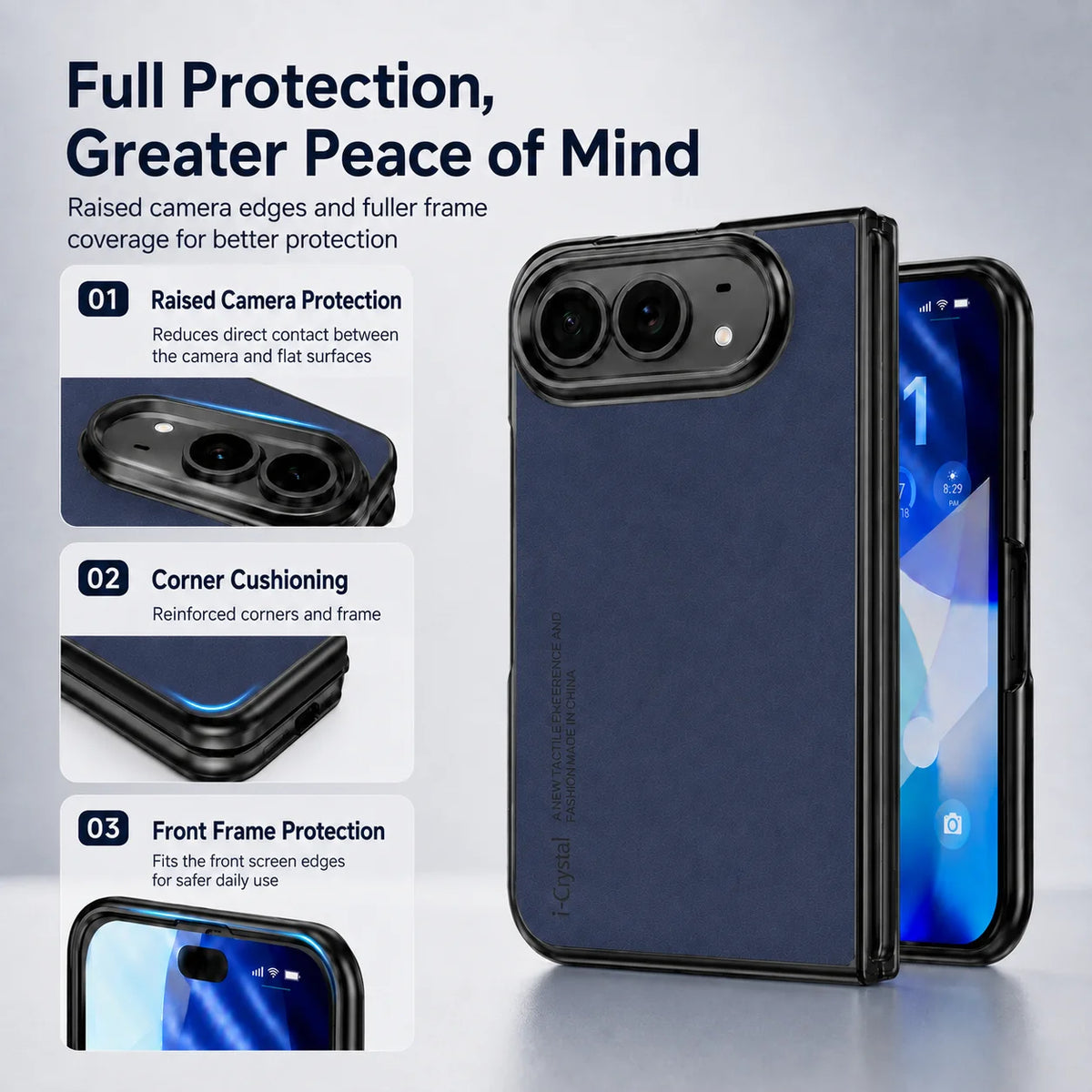 A dark navy blue phone case with a black bumper frame, shown alongside a smartphone on a light gray gradient background. The left side features three white callout boxes with text detailing the product's features: raised camera protection, corner cushioning, and front frame protection.