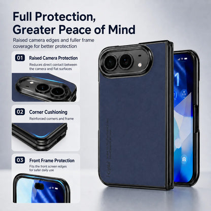 A dark navy blue phone case with a black bumper frame, shown alongside a smartphone on a light gray gradient background. The left side features three white callout boxes with text detailing the product's features: raised camera protection, corner cushioning, and front frame protection.