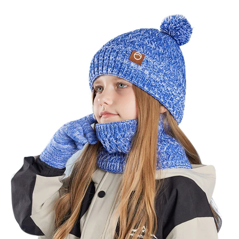 New Children Hats Scarf Gloves Set Cute Bear Colorful Knitted Hat Plus Velvet Warm Hoods Caps for Girls Baby Outdoor Accessories