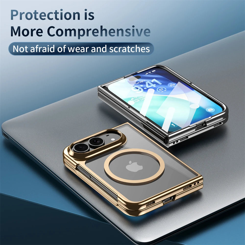 A transparent phone case with a gold bumper and MagSafe ring, shown on a laptop with a smartphone placed above it. Text at the top reads 'Protection is More Comprehensive Not afraid of wear and scratches'.