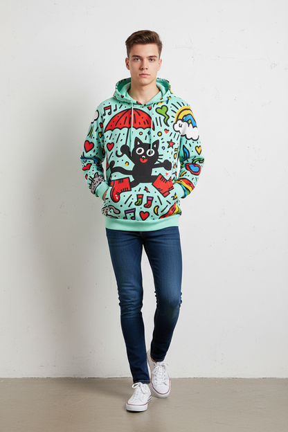 A young man modeling a light green graphic hoodie with a cartoon character and rainbow design, paired with dark blue jeans and white sneakers, standing against a white wall.