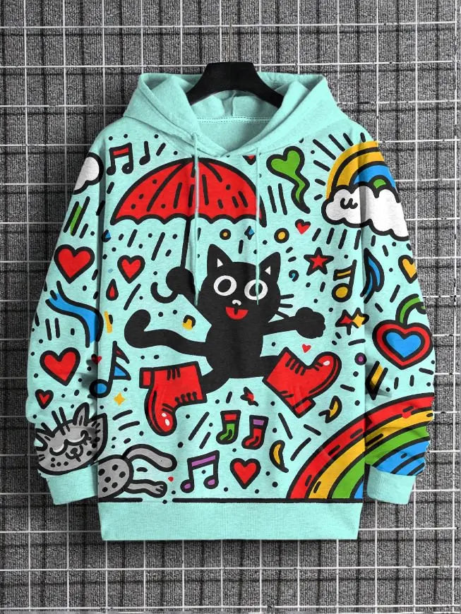 Colorful hoodie with cartoon cat design on a grid background
