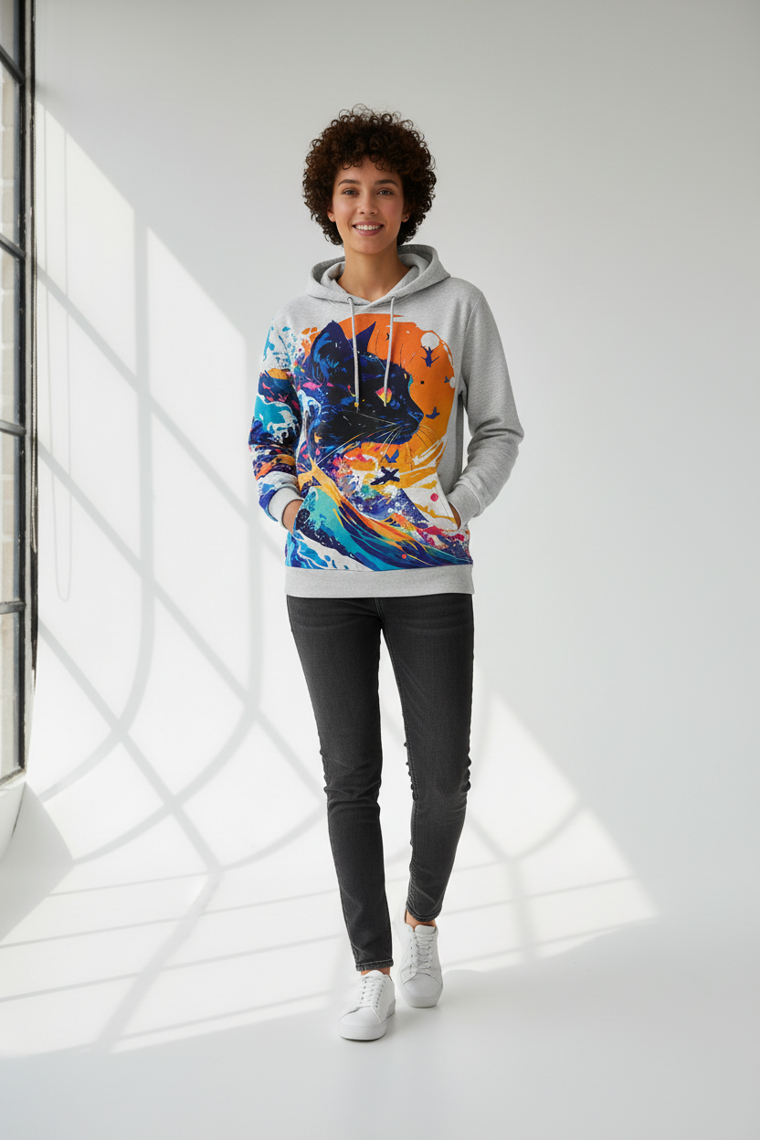 A woman stands in a bright white studio wearing a light gray hoodie with a large colorful abstract graphic on the front, paired with dark gray jeans and white sneakers.