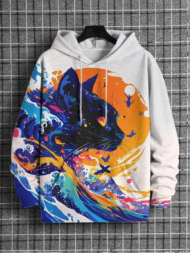 Hoodie with a colorful cat design on a grid background
