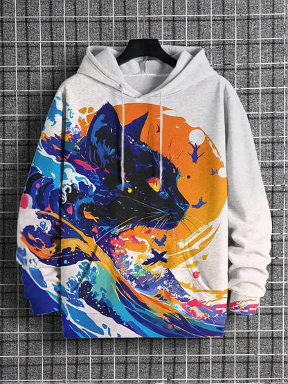 Hoodie with a colorful cat design on a grid background