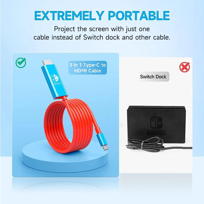 Portable Switch Dock USB Type C to HDMI Conversion Cable for TV Docking Mode Compatible with Nintendo Switch, Steam Deck