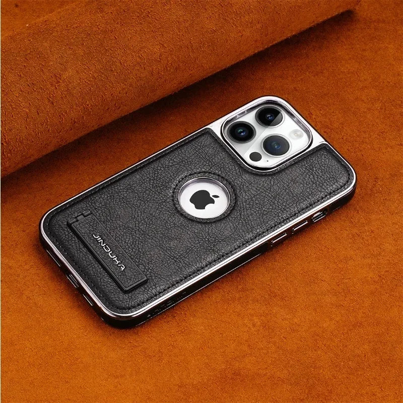 Invisible Fold Stand Phone Case with Electroplated Bezel for iPhone 16 15 14 Plus 13 12 11 Pro Max Ultra Thin PU Leather Cover