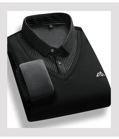 Retro Winter Pullovers Men Polo Neck Sweaters Fashion Striped Fleece Lined Polo Shirt Jumper Thick Knitting Sweaters