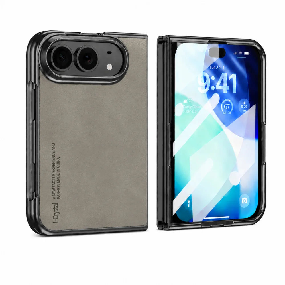 A protective phone case shown in two views: the back view on the left is a dark gray textured finish with camera cutouts, and the front view on the right shows a black bumper frame around a smartphone with its screen on.