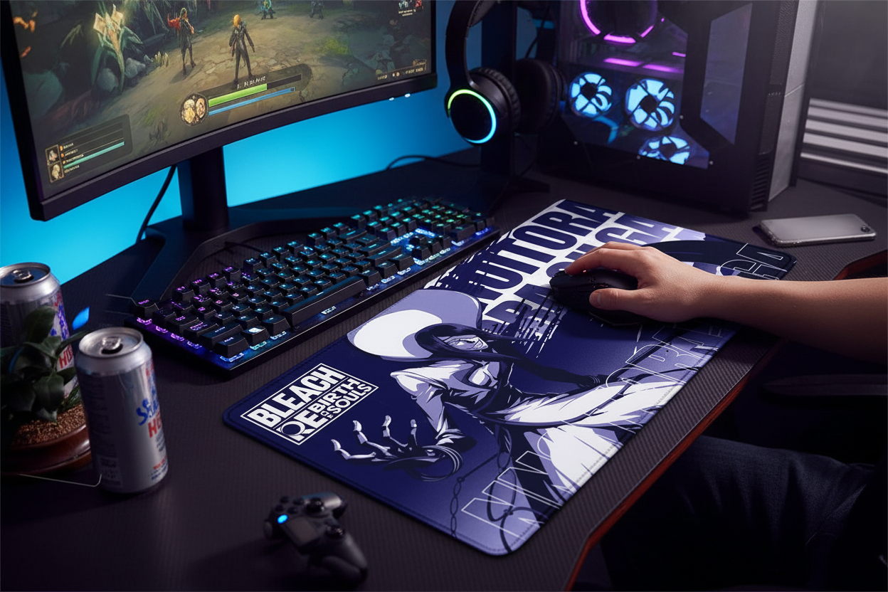 Gaming setup with monitor, keyboard, mouse, and mouse pad on a desk.