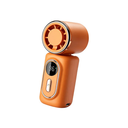 Orange handheld fan with digital display on a white background