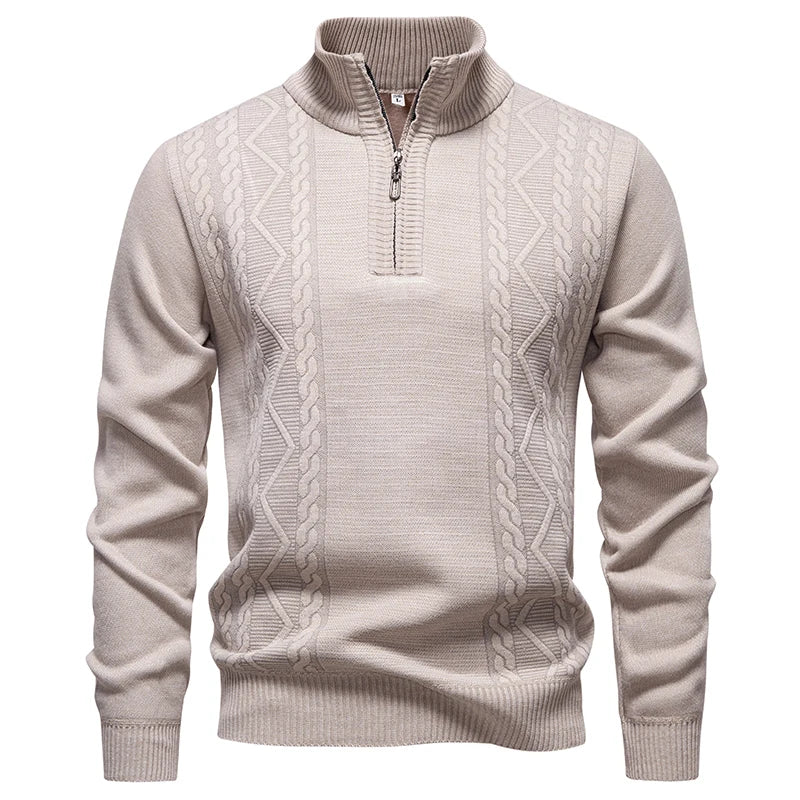 Winter Fleece-Lined Stand Collar Half-Zip Pullover Knitted Sweater for Men,Multi-Color Versatile Casual  Men's Knit Sweater