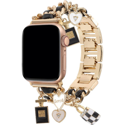 Metal+Leather Strap For Apple Watch Series 9 8 7 6 5 4 se Women Cute Bracelet For iWatch 41mm 45mm 38mm 40 42mm 44mm Luxury Band