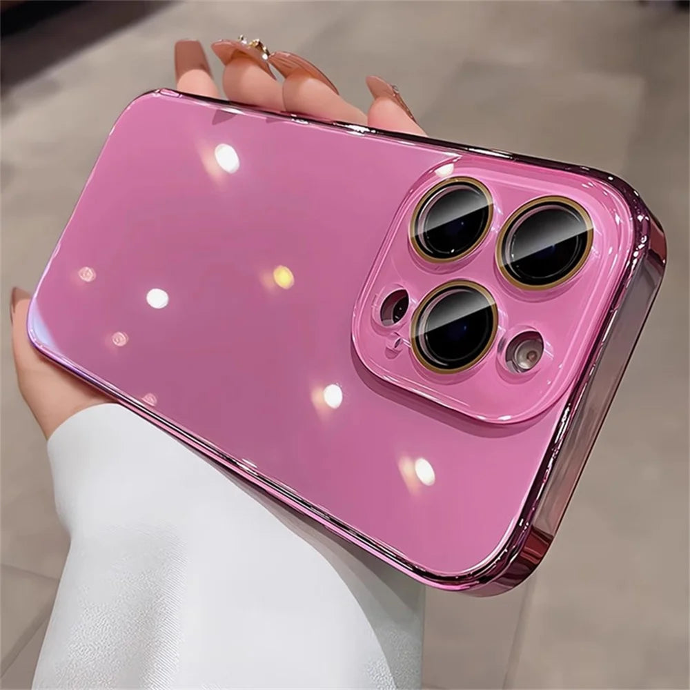 Luxury Plating Bumper Armor Glossy Phone Case For iPhone 15 16 Pro Max 14 13 12 11 Crystal Glass Full Lens Protection Back Cover