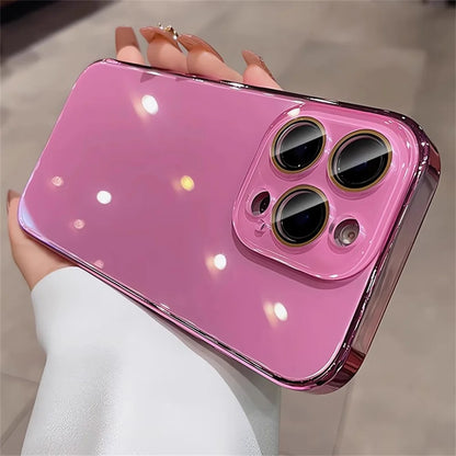 Luxury Plating Bumper Armor Glossy Phone Case For iPhone 15 16 Pro Max 14 13 12 11 Crystal Glass Full Lens Protection Back Cover
