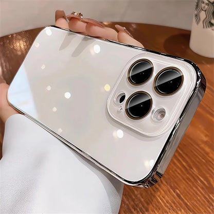 Luxury Plating Bumper Armor Glossy Phone Case For iPhone 15 16 Pro Max 14 13 12 11 Crystal Glass Full Lens Protection Back Cover