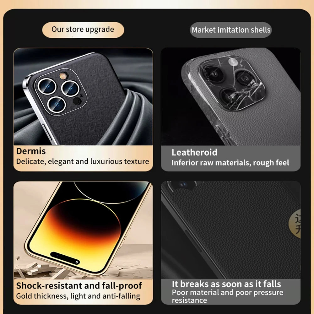 Genuine Cowhide Leather Phone Case for iPhone 16 15 11 12 13 14 Pro Max Luxury Plating Shockproof Lens Protection Back Cover