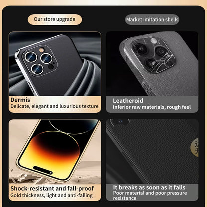 Genuine Cowhide Leather Phone Case for iPhone 16 15 11 12 13 14 Pro Max Luxury Plating Shockproof Lens Protection Back Cover