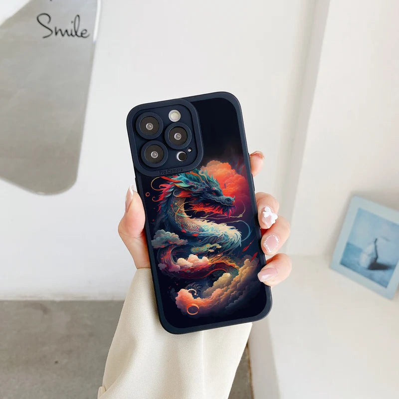 Fashion Chinese Vintage Dragon Phone Case For iPhone 13 12 11 14 Pro Max 14 Plus 7 8 Plus SE2020 XS XR X Soft Silicon Back Cover