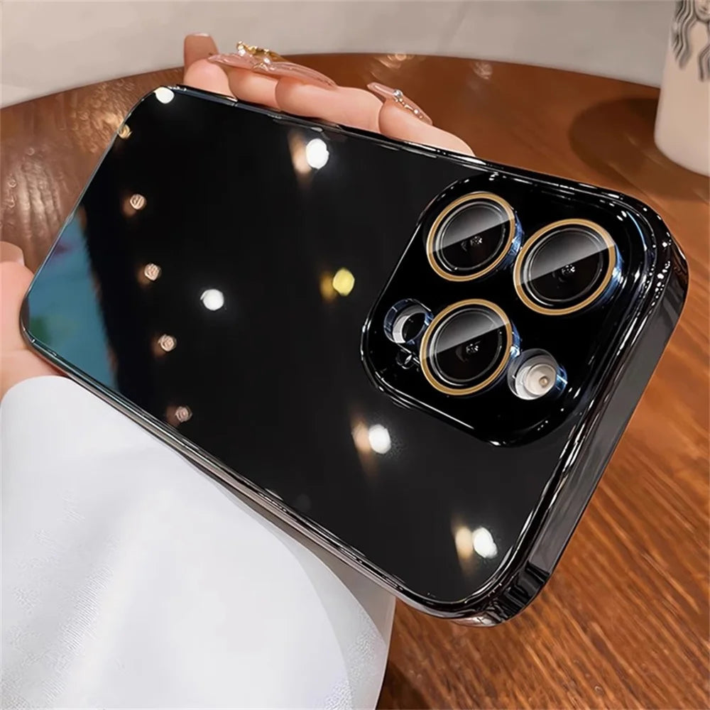 Luxury Plating Bumper Armor Glossy Phone Case For iPhone 15 16 Pro Max 14 13 12 11 Crystal Glass Full Lens Protection Back Cover