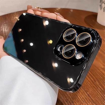Luxury Plating Bumper Armor Glossy Phone Case For iPhone 15 16 Pro Max 14 13 12 11 Crystal Glass Full Lens Protection Back Cover