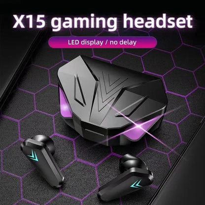 Bluetooth gaming headset with phone displaying an explosion, on a dark surface with text about synchronization.
