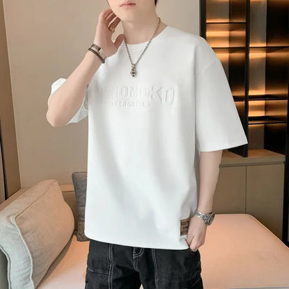 2025 Summer New Men's Short Sleeve T-Shirt Hong Kong Style Loose Fit Versatile Ice Silk Thin Clothing Youth Trendy