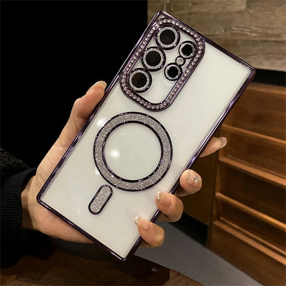 Transparent Plating Glitter Rhinestones Diamond for Magsafe Magnetic Case for Samsung S24 S23 S22 Ultra Plus Soft Silicone Cover