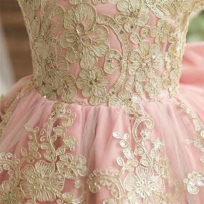 Embroidery Elegant Kids Princess Dresses for Girls Luxury Golden Lace Vintage Children Summer Party Gown Baby Baptism Vestidos