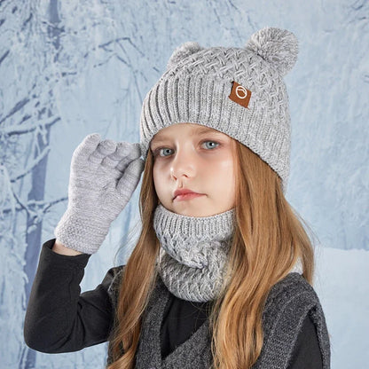 New Children Hats Scarf Gloves Set Cute Bear Colorful Knitted Hat Plus Velvet Warm Hoods Caps for Girls Baby Outdoor Accessories