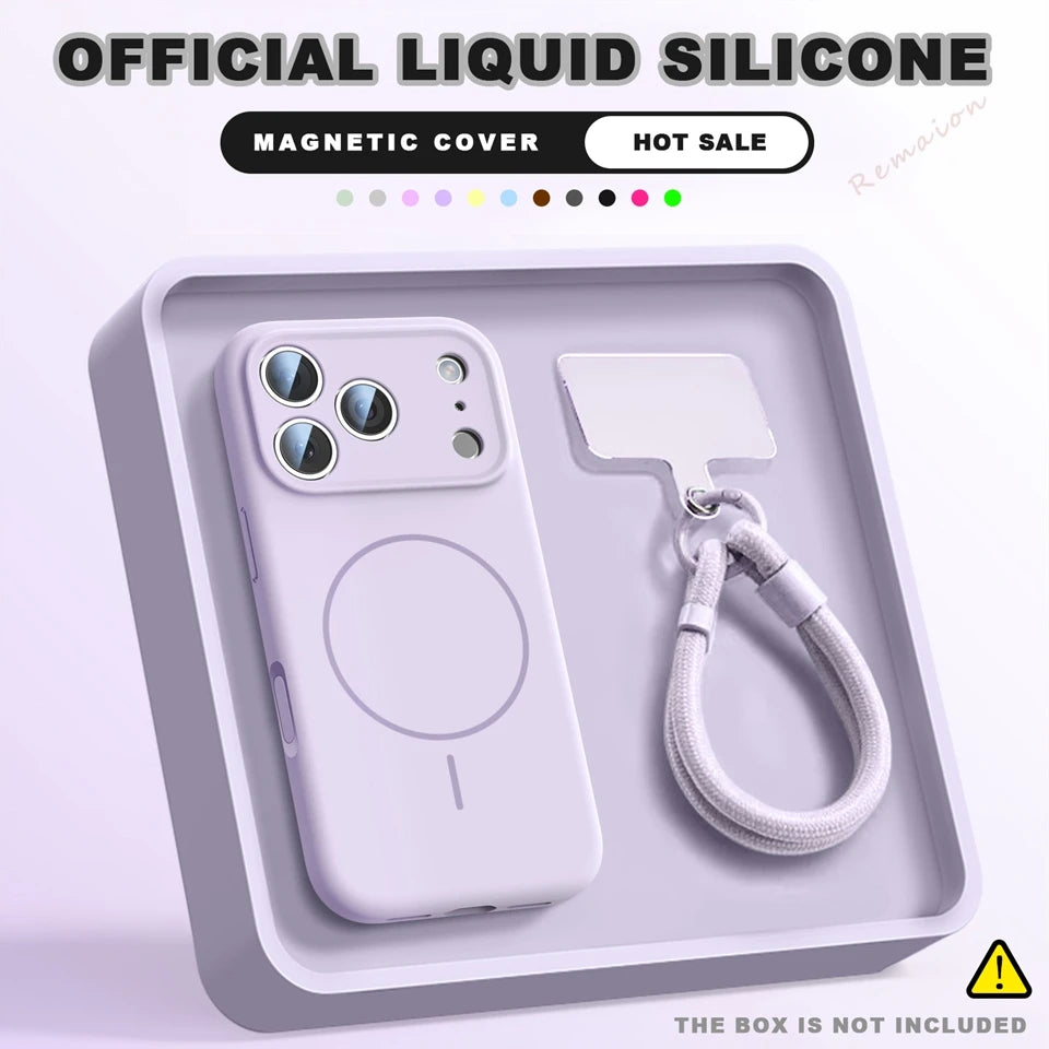 A light lavender magnetic phone case with a matching wrist strap and card holder, presented inside a gray tray. The image includes promotional text overlays reading 'OFFICIAL LIQUID SILICONE', 'MAGNETIC COVER', 'HOT SALE', and 'THE BOX IS NOT INCLUDED'.