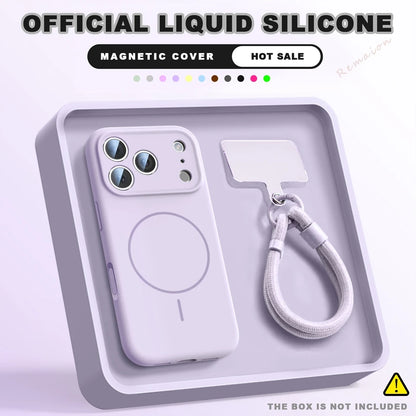 A light lavender magnetic phone case with a matching wrist strap and card holder, presented inside a gray tray. The image includes promotional text overlays reading 'OFFICIAL LIQUID SILICONE', 'MAGNETIC COVER', 'HOT SALE', and 'THE BOX IS NOT INCLUDED'.