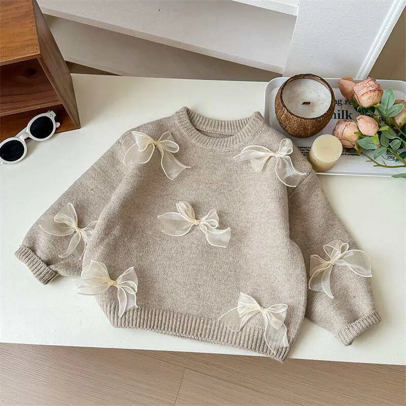 Korean Girls Solid Color Sweaters Cute Bow Children Clothing Autumn Winter Baby Kids Sweet Princess Knitted Sweater 1-10Y