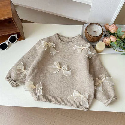 Korean Girls Solid Color Sweaters Cute Bow Children Clothing Autumn Winter Baby Kids Sweet Princess Knitted Sweater 1-10Y