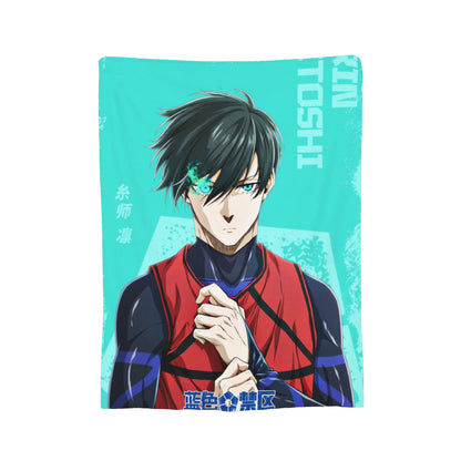 A rectangular printed textile featuring an anime-style character portrait on a turquoise background. The design shows a dark-haired male character with one teal eye and a red-and-black outfit, with vertical text including 'TM TOSHI' and Chinese characters.