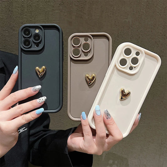 3D Gold Love Heart Case For iPhone 16 15 14 13 12 11 Pro Max X XS XR 7 8 Plus Silicone Candy DIY Cover