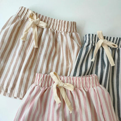 Spring Summer Boys Striped Loose Pants Baby Girl Vintage Casual Linen Cotton Harlan Pants Kids Lace-up Pant Children Clothing